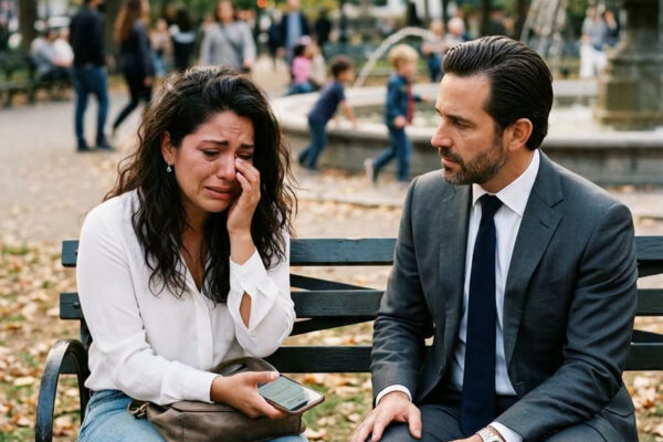 Llorando, ella le contó su vida al extraño del banco… sin saber que er...